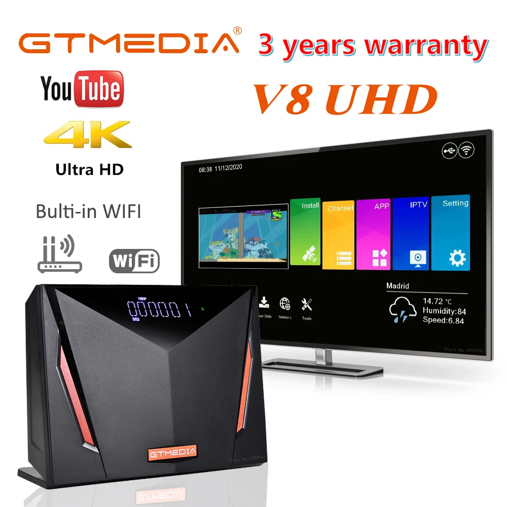 

Спутниковый ТВ-ресивер GTmedia V8 UHD 4K Ultra HD DVB-S2 T2, кабельный тюнер H.265, встроенный Wi-Fi, поддержка M3U CCAM OSCAM CA Card Decode