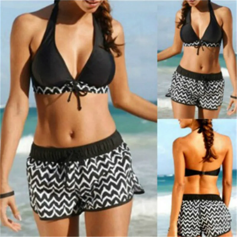 

Swimsuit Two Pieces Tankini Women Swimming Suits Swimwear Shorts + Crop Top Biquini Bathing Suit Sexy Bikini Set Striped Swim