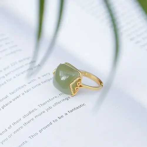 

Natural Hetian Jade Gray Jade Ring S925 Sterling Silver Gilding Craft Fashion Simple Support Identification Adjustable Mouth