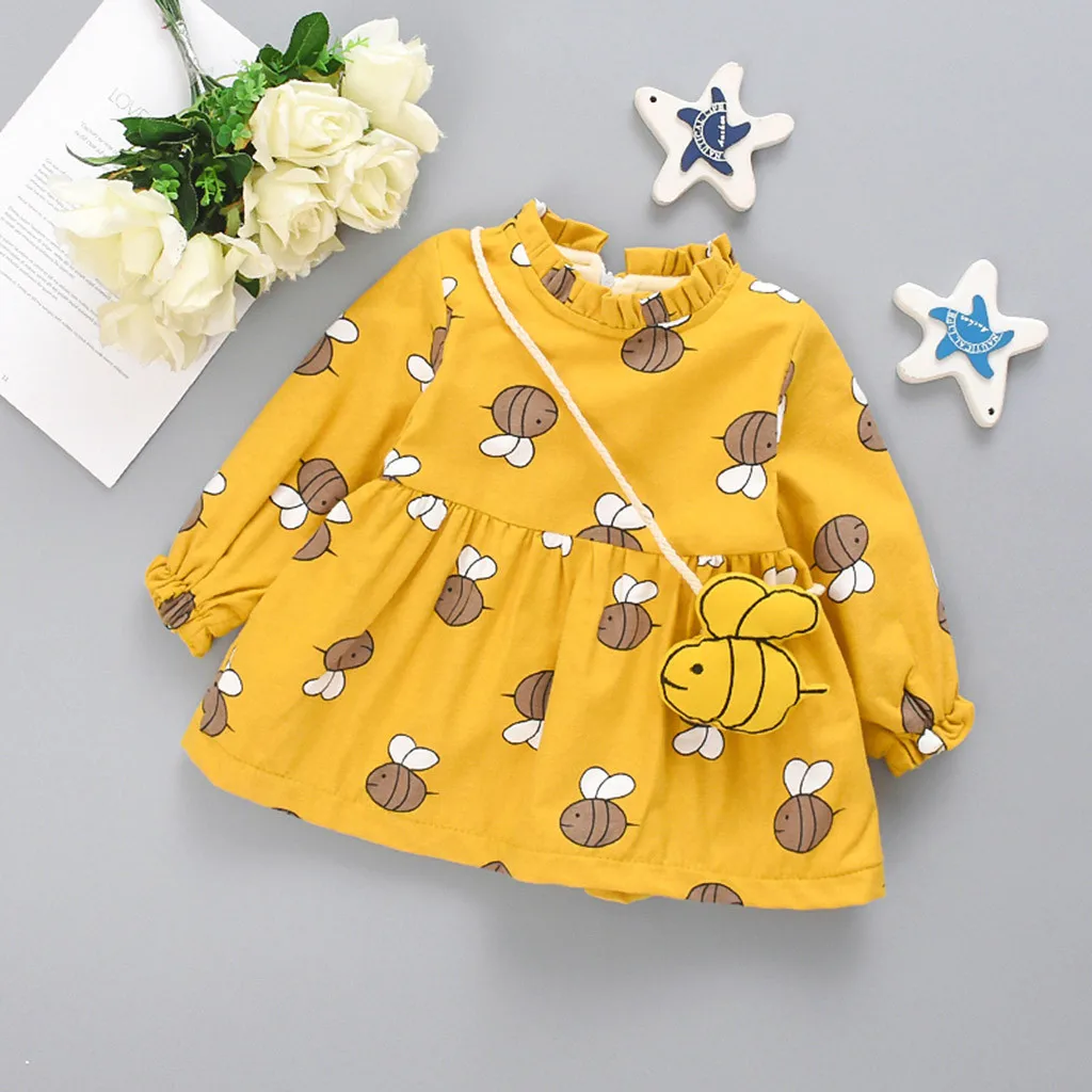 Модное утепленное платье принцессы с длинными рукавами и принтом пчелы для