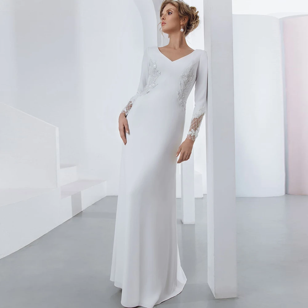 

Simple Sheath V Neck Wedding Dress 2023 Ladies Lace Appliques Long Sleeves Sweep Train Jersey Bridal Gowns Vestido De Novia