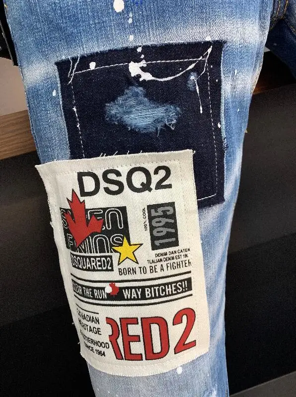 men jeans Authentic Classic Dsquared2 Mens Stretch Paint Ripped Holes Skinny Jeans, Blue Stitching Skinny Jeans, 9807