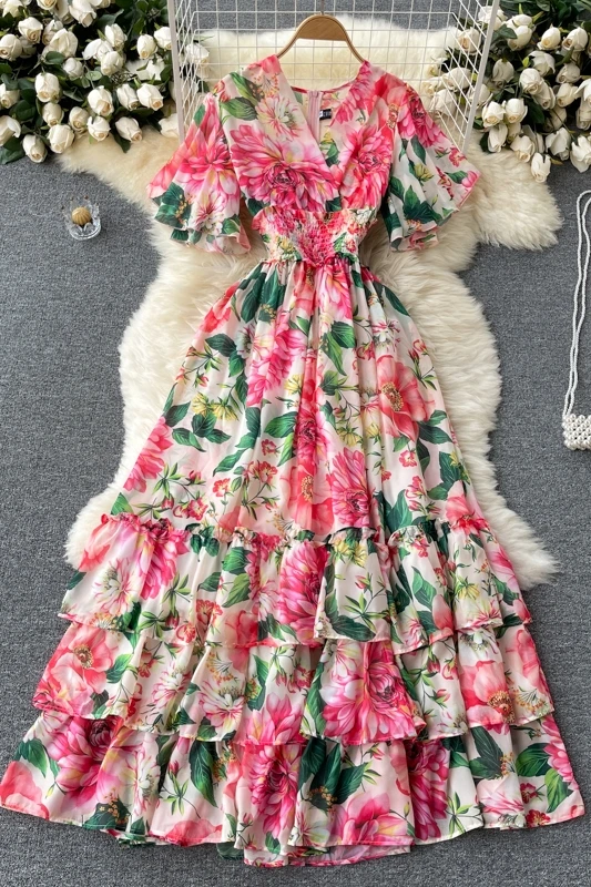 

Palace style noble and elegant women's wear 2021 new trendy fairy chiffon printed holiday dress women's summer dress