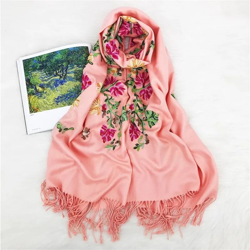 Новый женский шарф из искусственного кашемира с цветочной вышивкой толстый