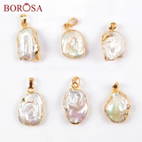 borosa trendy gold color freeform natural pearl pendants real white pearl pendant necklace fittings baroque pearls beads g1673