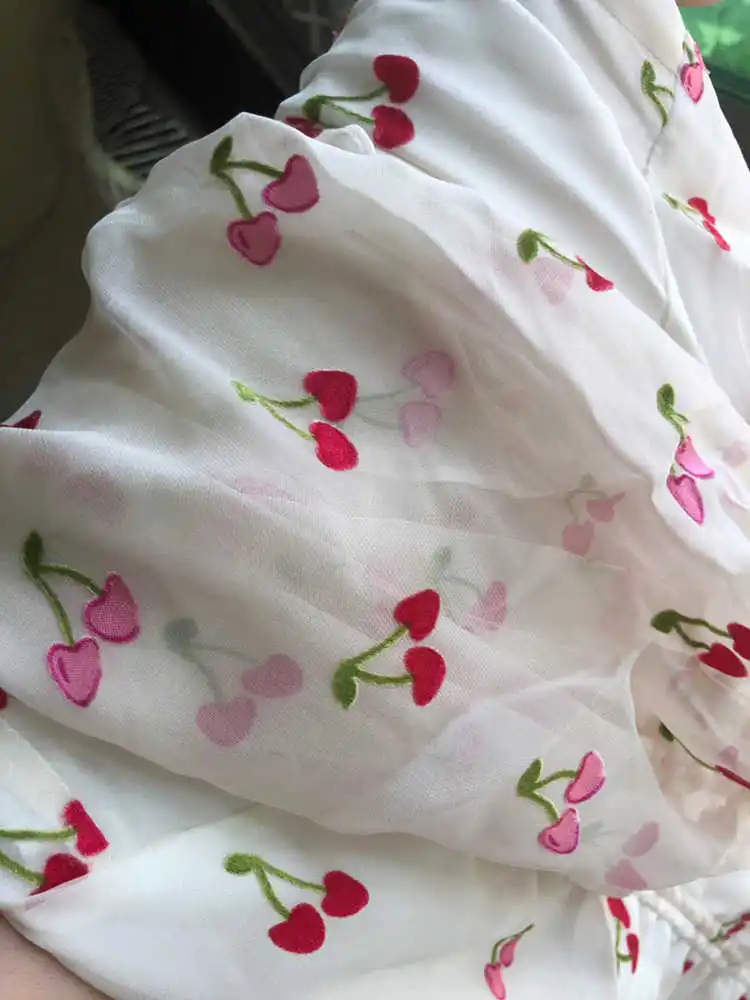 

Women Silk Viscose Blend Cherry Print Three Quarter Sleeve Square Collar Wrap Front Lace-Up Bust Short Mini Dress