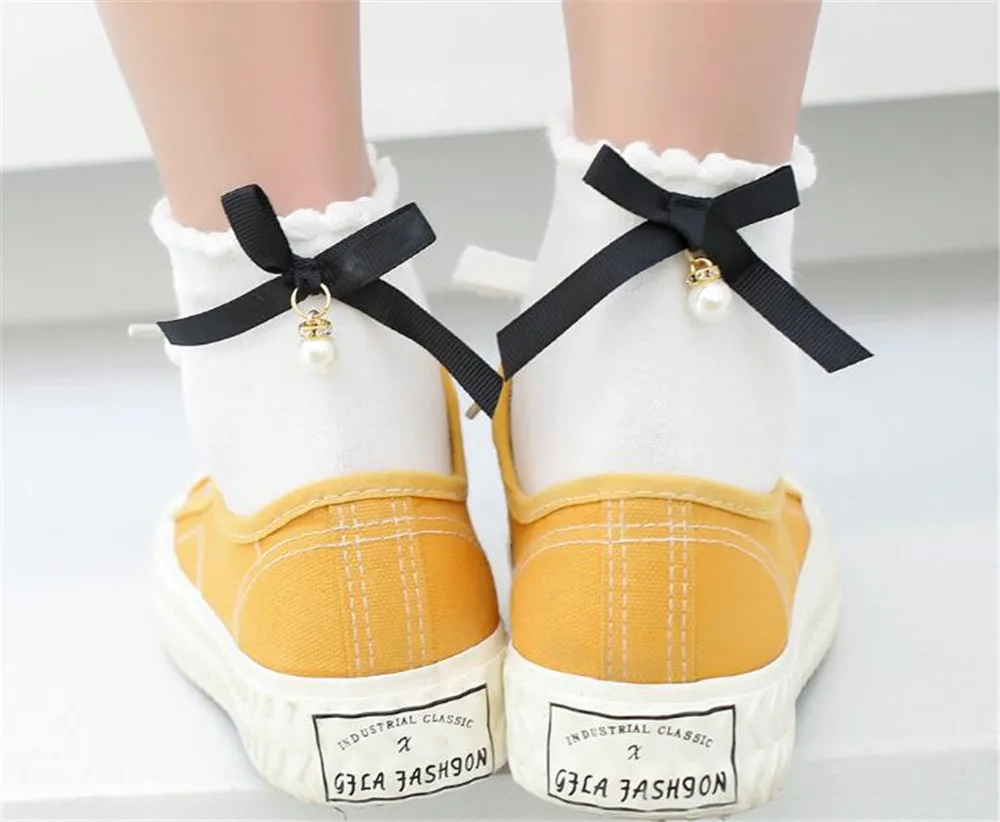 Женские короткие носки с лентами и жемчугом в японском стиле Лолиты B430 |