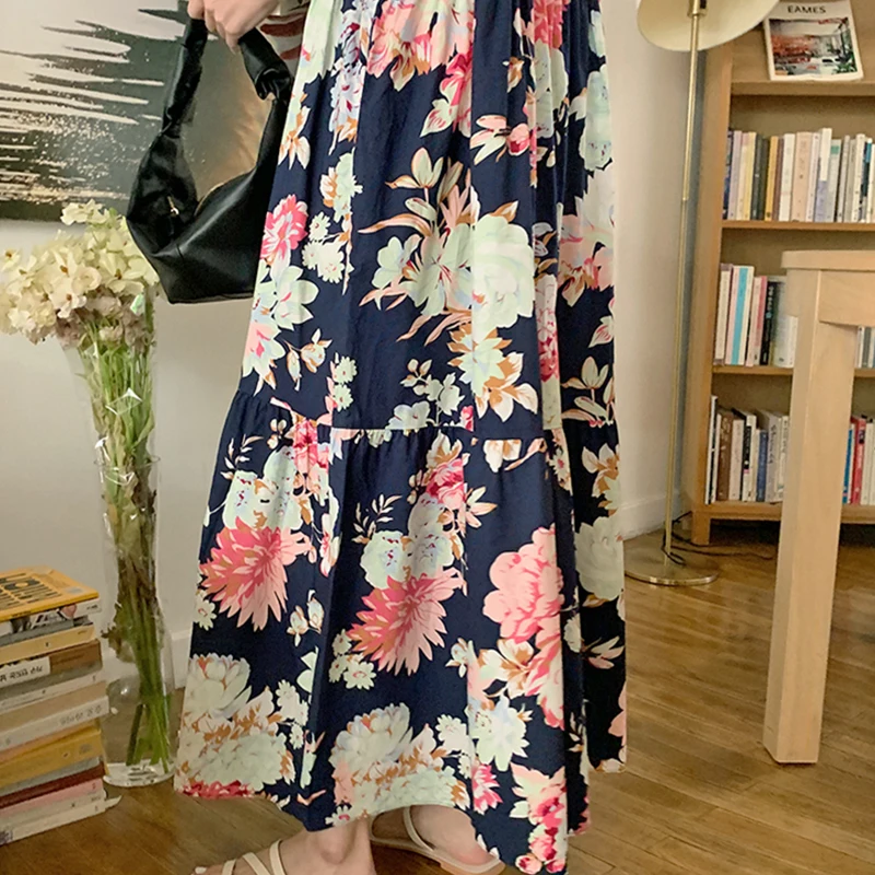 

Square Collar High Waist Flower Print Puff Sleeve Dress Woman's Retro Fashion Long A-line Dress Woman Sweet Beach Dress Women