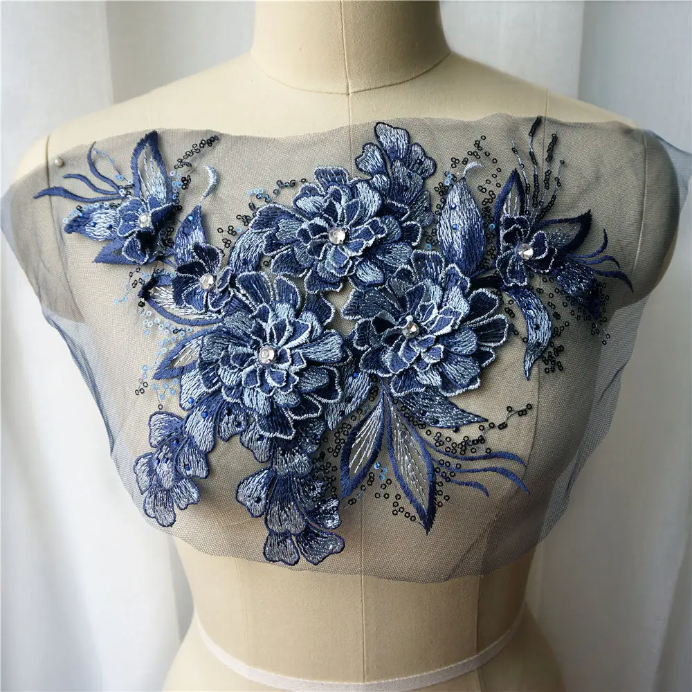Темно-синяя 3D Цветочная ткань из листового Кружева Блестящие Стразы вышитая