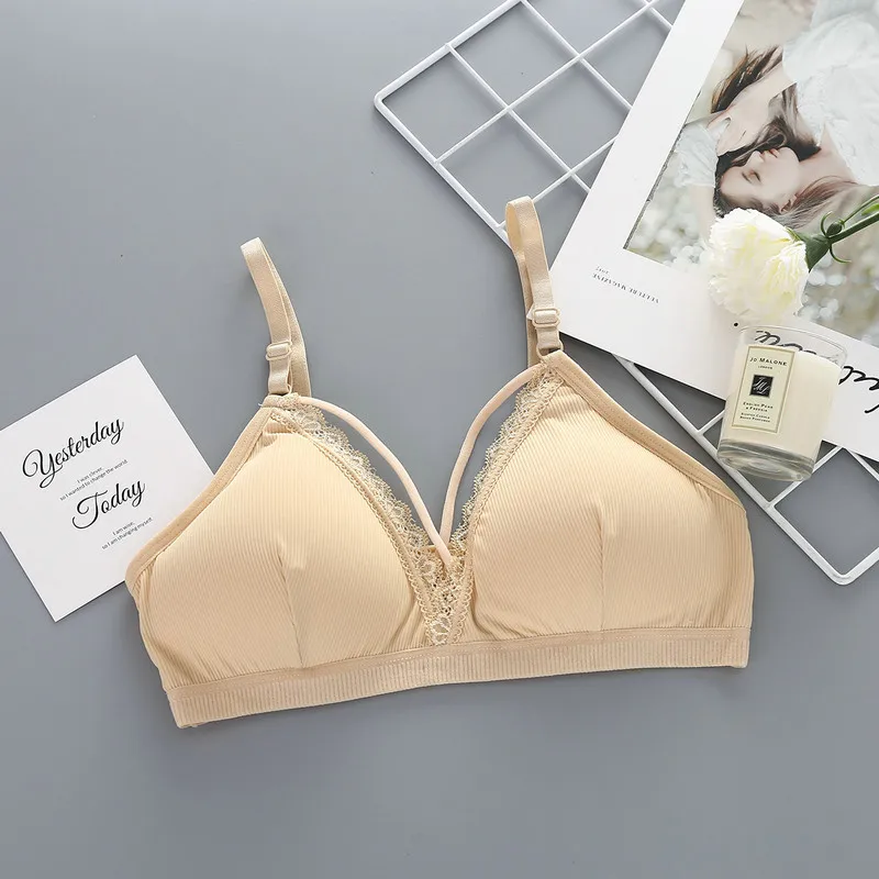 New ice silk thread wrapped chest, sexy lace beauty back no steel ring bra adjustable shoulder strap - Цвет: Beige