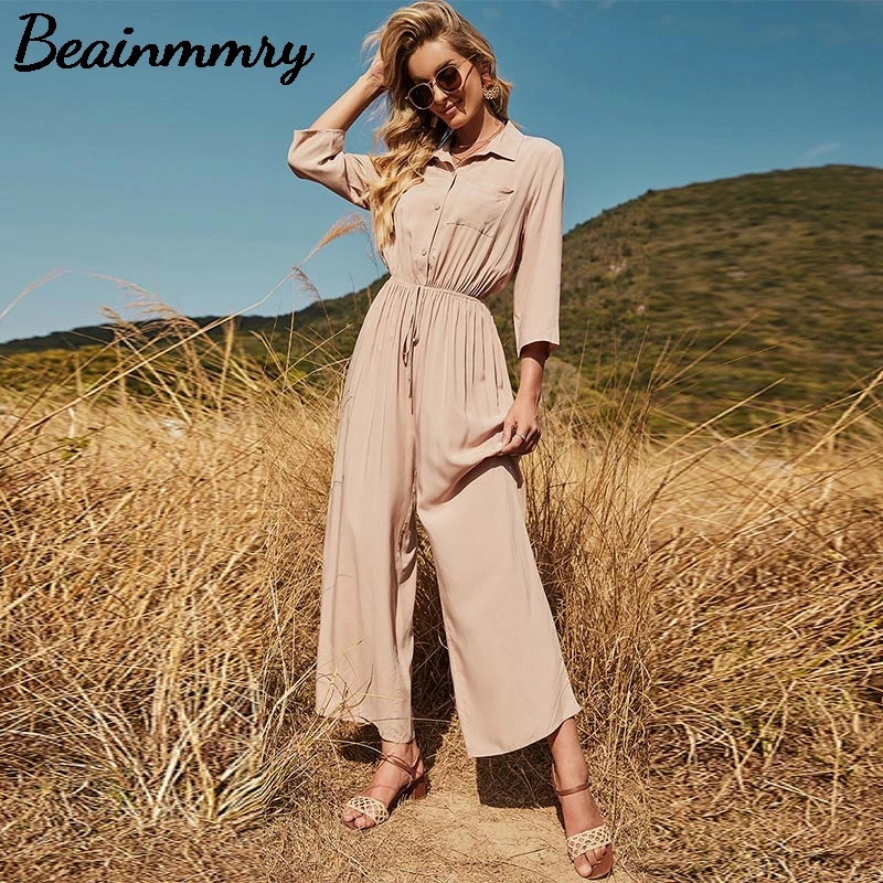 

Женская летняя обувь с отложным воротником шнурок Комбинезоны повседневные Модные рукав средней длины; Сезон весна-осень; Брюки с широкими ...