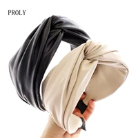 proly new classic women hairband wide side pu leather headband solid color turban adult top quality headwear hair accessories