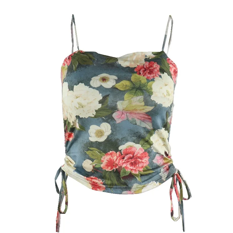 

New 2021 Fashion Creative Printing Crop Top Summer Creative Design Both Sides Drawstring Sweet Short Cropped Camisole