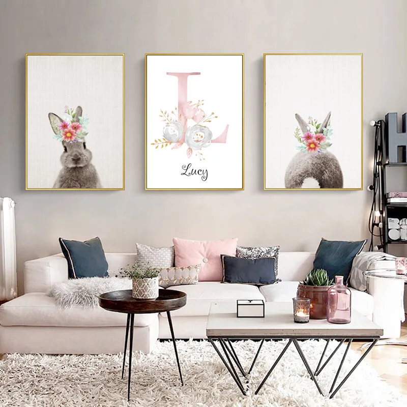 

Rabbit Wall Art Canvas Painting Custom initials Name Poster Pink Flower Print Nordic Wall Pictures Baby Room Nursery Decor