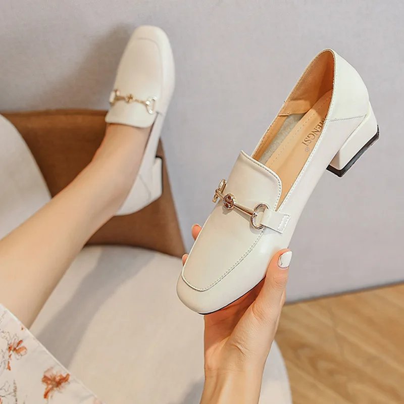 

Square Toes Asakuchi Single Shoes Women 2022 British Style Girls Metal Decoration Solid Lovely Shoes Casual Loafers Thick Heel
