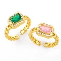 new trendy 18k gold plated ring emerald zircon paved stone adjustable square rings for women holiday gift jewelry