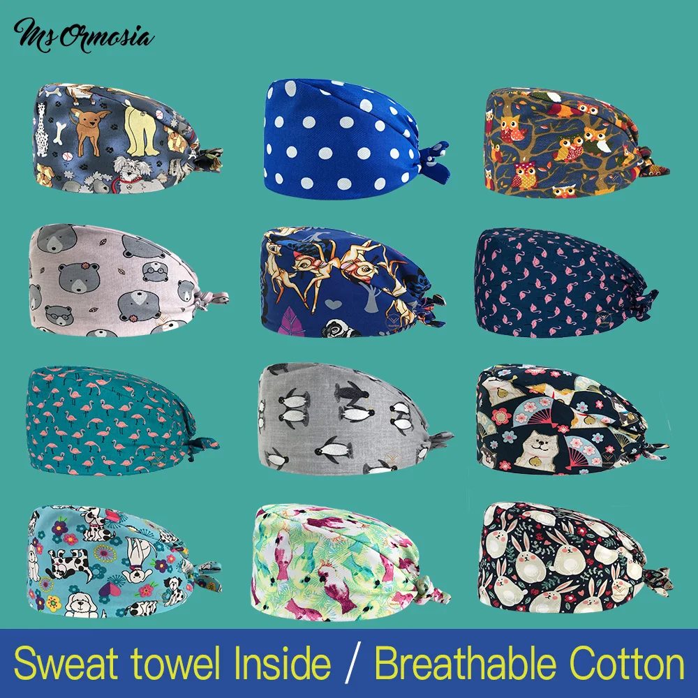 

Новая Модная хлопковая шляпа с принтом животных из мультфильмов, дышащие шапки-скраб для салона красоты, для работы, лаборатория, скраб для питомцев, оптовая продажа