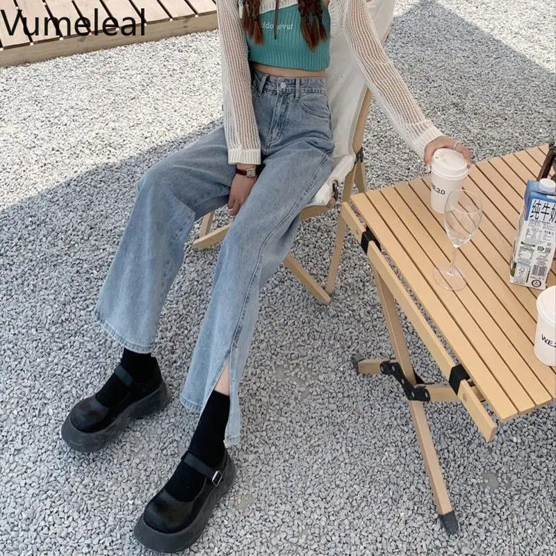 

Summer Korean Design Feel High Waist Split Jeans Wide Leg Trousers for Women Loose Straight Trousers Cool Jeans Womens Hip Jeans