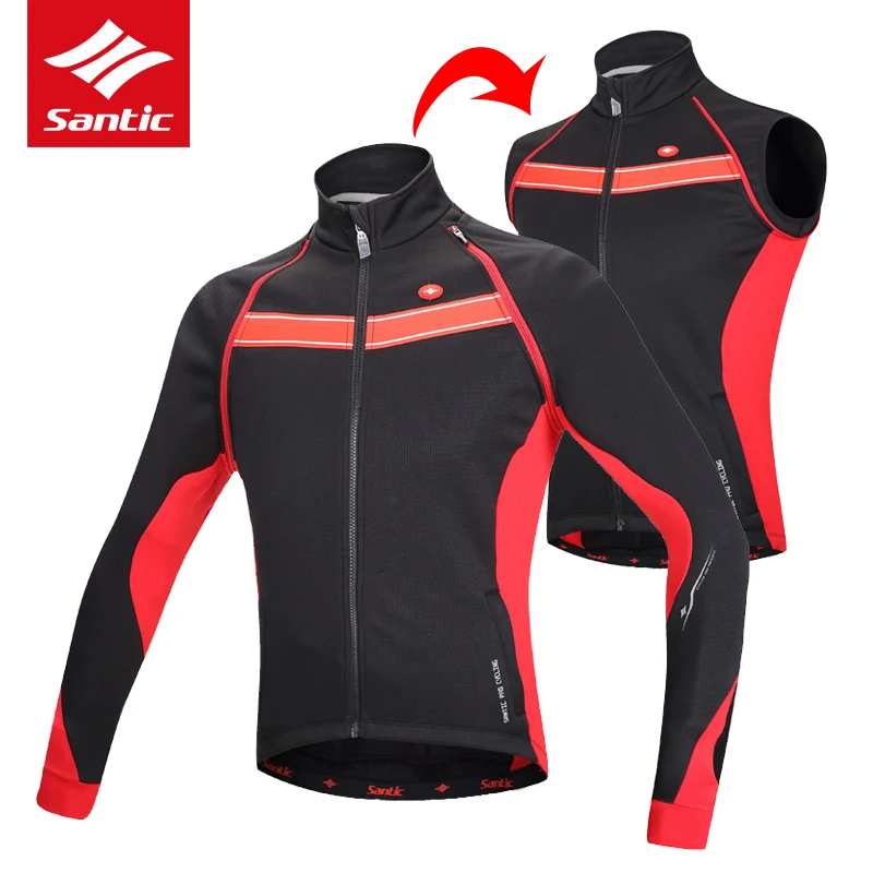M5C01060 Santic зимняя велосипедная куртка, жилет для мужчин, теплая флисовая велосипедная куртка со съемными рукавами, ветрозащитная куртка, велосипедная куртка - Цвет: M5C01060