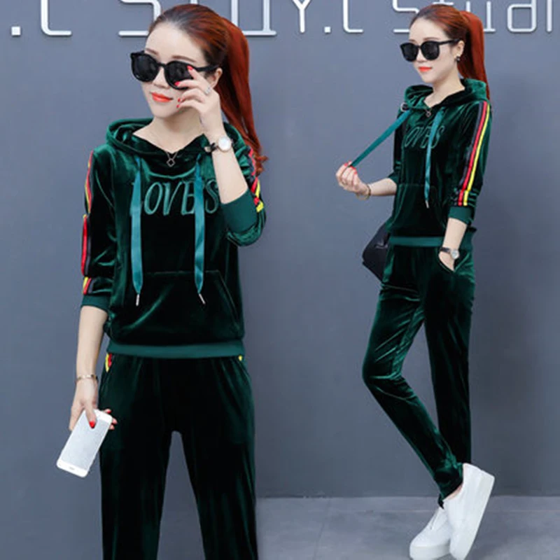 2020 gold velvet spun spring autumn new korean fashion hooded top pants two-piece clothes big yards velvet casual hoodies LYW