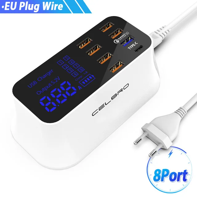 EU Plug Мульти Порты и разъёмы USB Зарядное устройство концентратор Quick Charge 3,0 8 Порты и разъёмы Настольный несколько USB Зарядное устройство станция светодиодный Дисплей Быстрая зарядка EU US UK вилкой - Тип штекера: EU Plug
