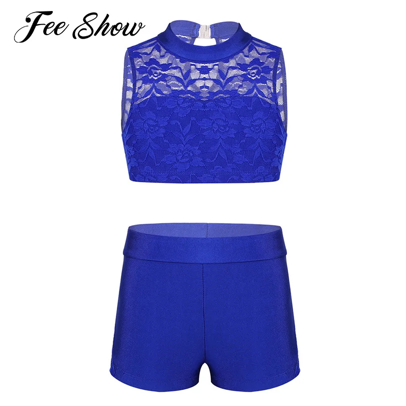 

2PCS Kids Girls Athletic Sports Outfit Ballet Dancewear Sleeveless Floral Lace Tank Top with Bottoms Set Gym Workout Sport Suits