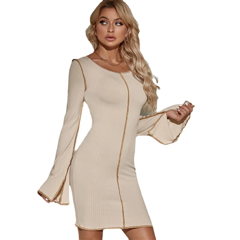 

Spring Autumn Dress Women Flare Long Sleeve Solid O-Neck Slim Fashion Bodycon Mini Pencil Knitted Dresses Vestidos Mujer Robes