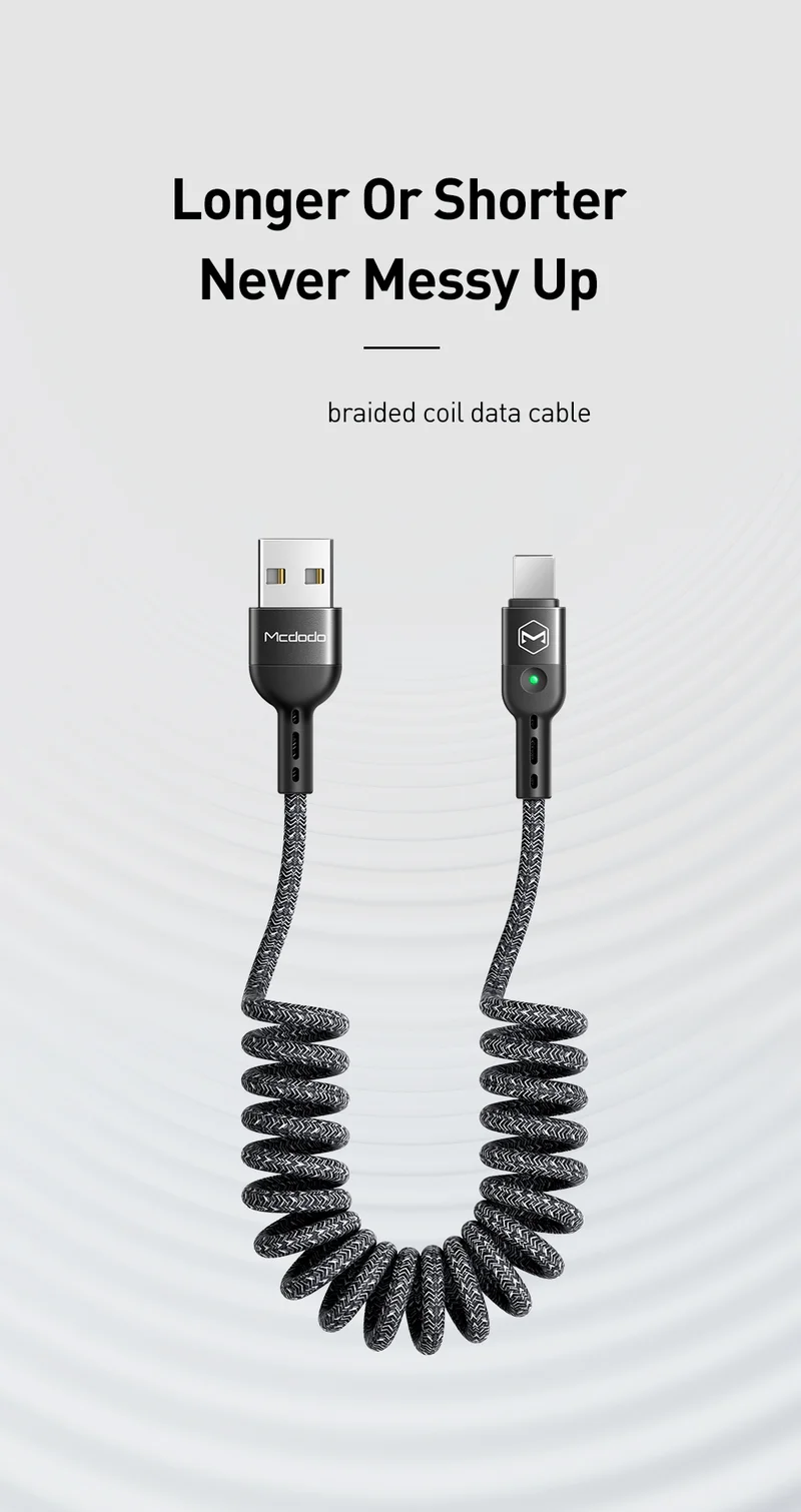 MCDODO 1,8 м пружинный удлинитель для быстрой зарядки USB кабель для зарядного устройства для iPhone XS MAX XR X 8 7 6 Plus USB кабель для мобильного телефона