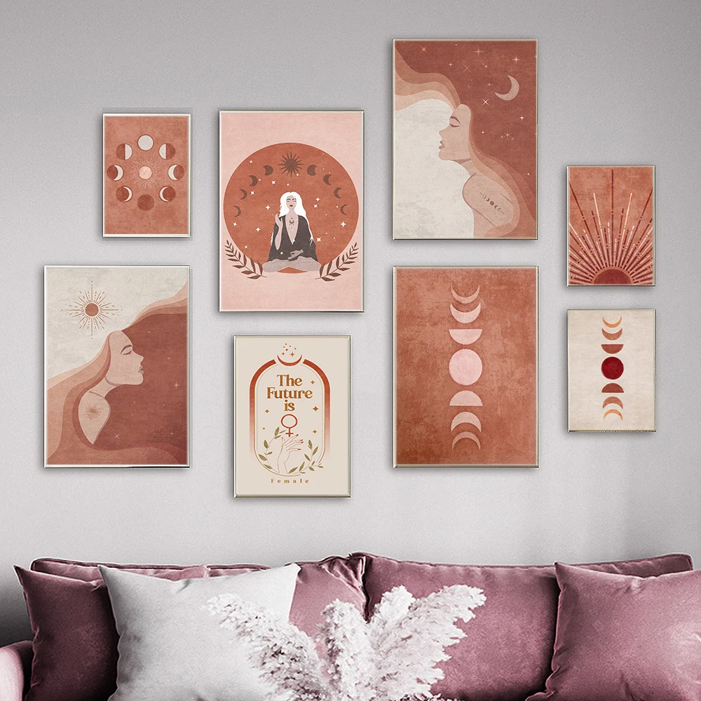 

Abstract Sun Moon Poster Yoga Woman Canvas Painting Boho Orange Art Print Scandinavian Wall Picture For Living Room Home Decor