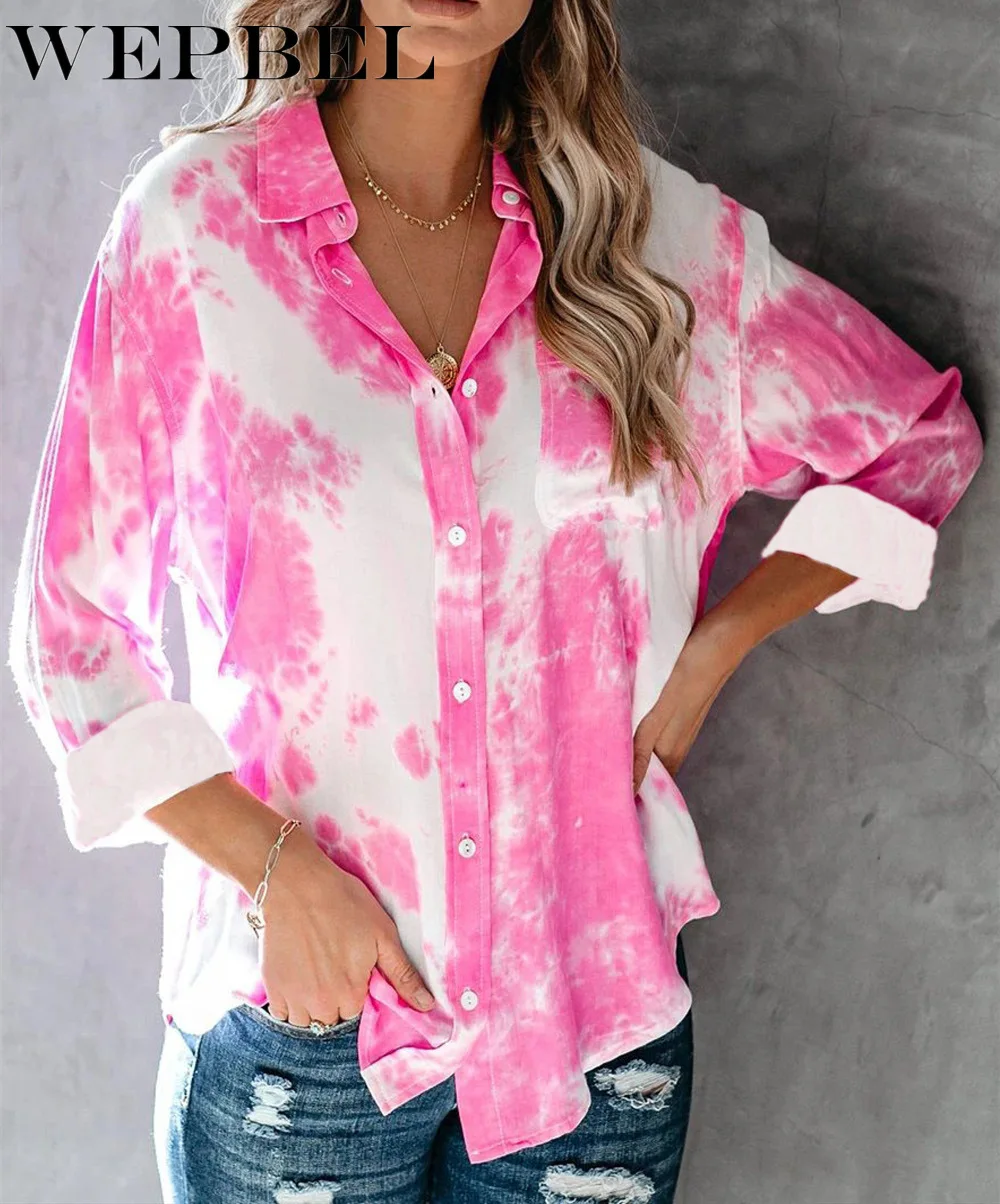 

WEPBEL Women Casual Loose T-shirt Long Sleeve Turn Down Collar Color Gradient Tie Dye Print Single Breast Shirt Blouse Top