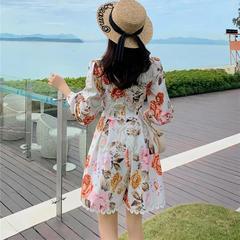 

Flower Print Rompers Lace Trim Long Lantern Sleeve Women Playsuits High Waist Ruched Wide Leg Short Ladies Holiday Overalls