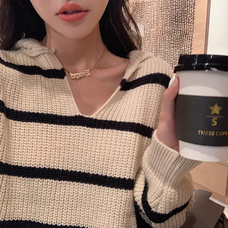 

Женский свитер в полоску, с длинным рукавом и капюшоном