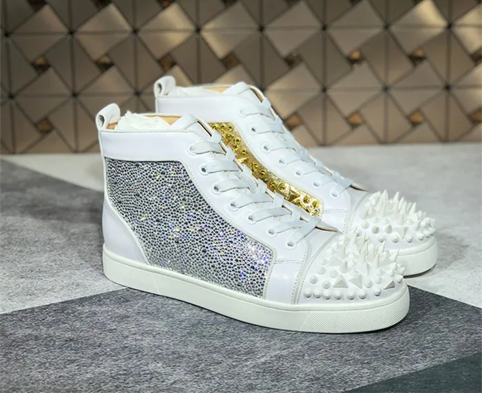SHOOEGLE/роскошная мужская обувь с кристаллами и шипами Красные белые кроссовки на