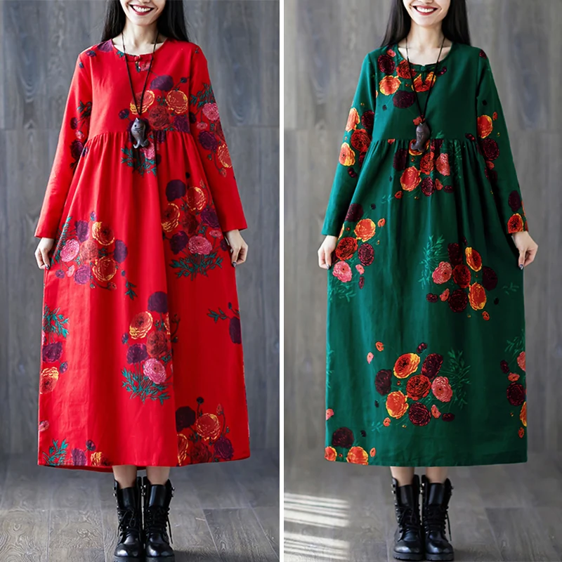 

Women Boho Printed Floral Dress Cotton Linen Maxi Long Dress Plus Size Vintage Loose Casual Long Sleeve Pockets Robe Dress