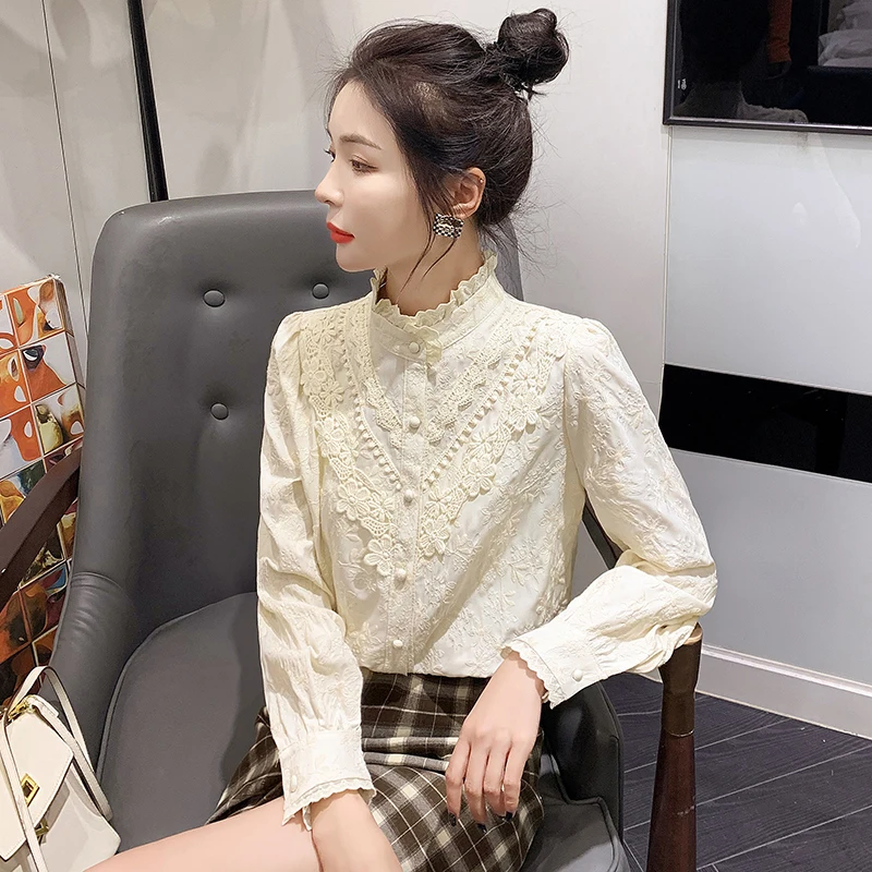 

Chiffon Women's Blouse O-neck Lace Girl's Shirt Long Sleeve Top Spring Autumn Fashion Solid Clothing Casual Lady Blusas Houthion