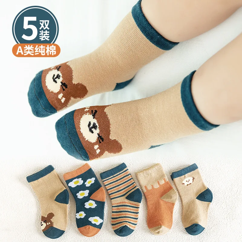 

5 пар, Детские хлопковые носки с мультяшным медведем