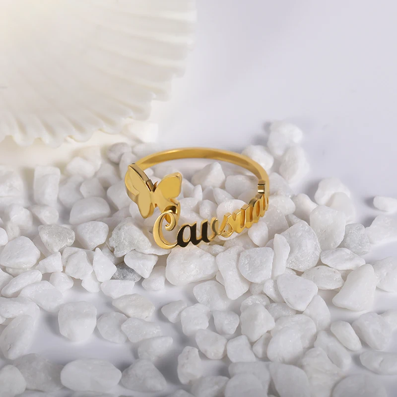 

Custom Butterfly Rings For Women Girls Personalized Stainless Steel Couple Name Rings Romantic Wedding Jewelry Mother's Day Gift