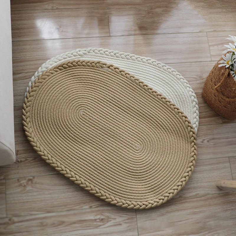 Simple hand-woven mats porch floor door bathroom absorbent pads cream oval | Rug