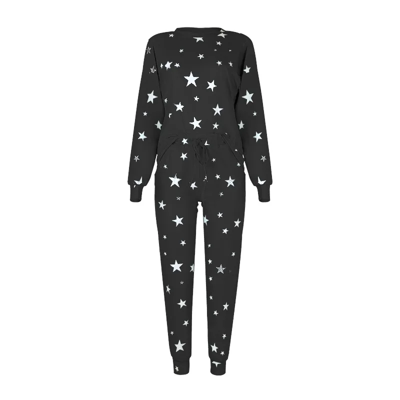 

2021 New Five-pointed Star Print Long-sleeve Casual Home Dress Set Female Pajamas Women Dress