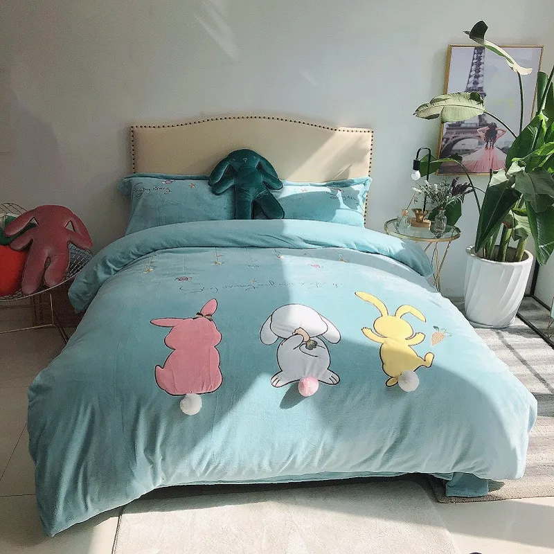 Зеленый розовый серый милый мультфильм кролик вышивка зима бархат флис детский