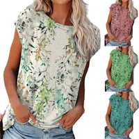 women summer printed short sleeve t shirt vintage floral sleeveless tops casual loose ladies vest lady round neck tshirt