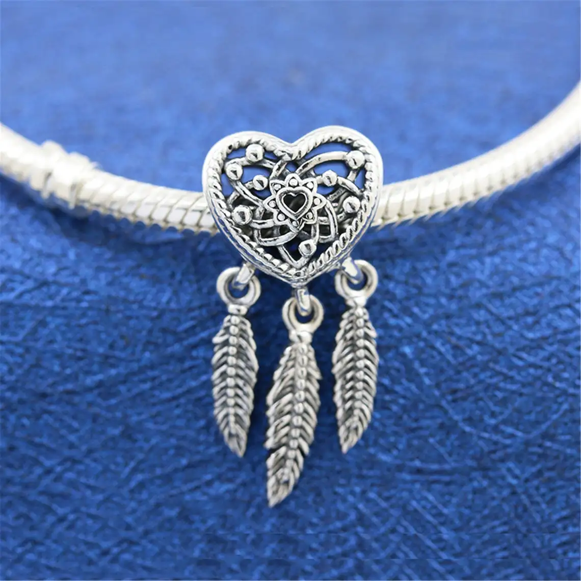 

925 Sterling Silver Openwork Heart & Three Feathers Dreamcatcher Dangle Charm Bead Fits All European Pandora Bracelets Necklaces