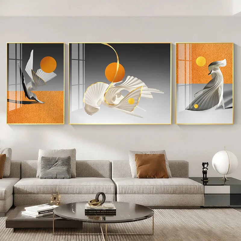 

3Pcs Northern Europe Gold Leaf Abstract Orange No Frame Canvas Decorative Painting Poster Picture Album Photo Home Decor Wall