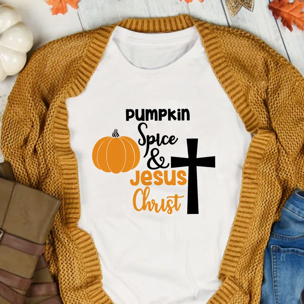 2021 Halloween Pumpkin Spice Jesus Christ Print Women T-shirt Coffee Cross Graphic Tees Christian Harajuku Short Sleeve T Shirts | Женская