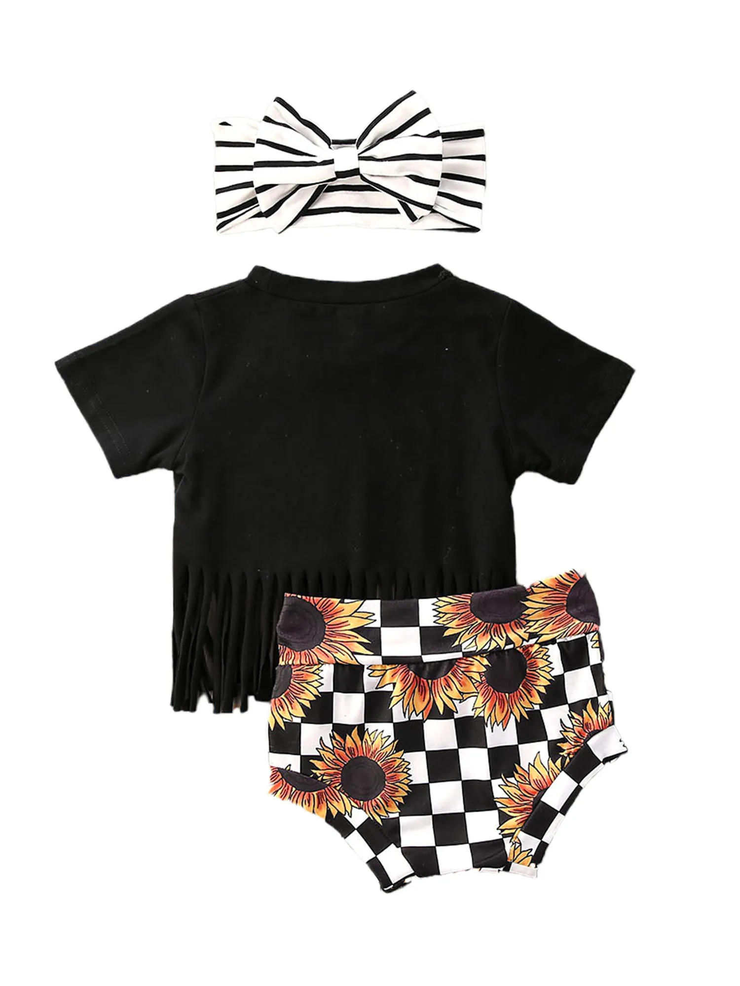 

New Summer Kids Girls Top Shorts 3-Piece Suit O-Neck Short Sleeve Tassels Blouse Plaid Sunflower Pants Hair Band