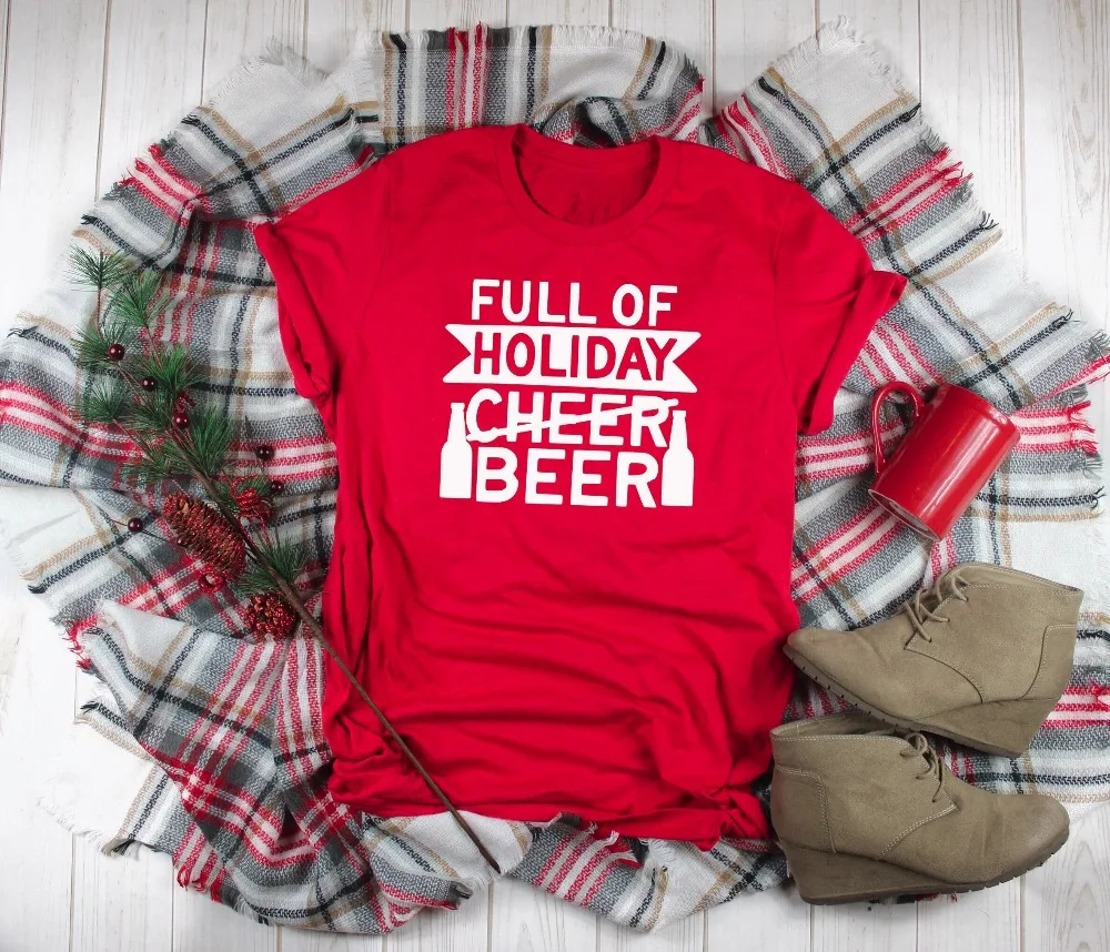 

Women Casual Grunge Tumblr Holiday Party Gift T-shrit Tees Christmas Holiday Beer Cheer Shirt Letter Print Slogan