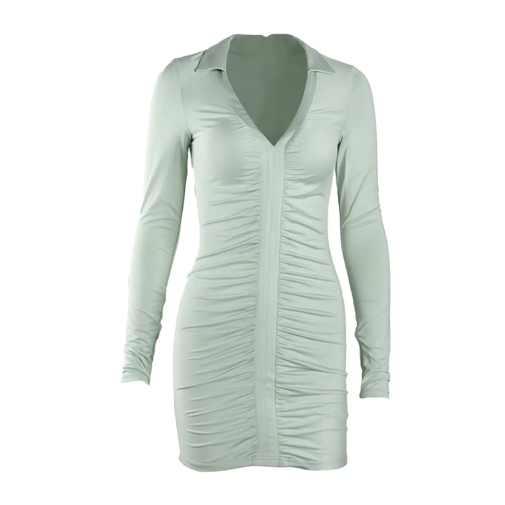 

Women Fashion Mini Dress Turn Down Collar Deep V Neck Solid Slim Sheath Package Office Lady Hips Folds Vestidos Feminino Summer