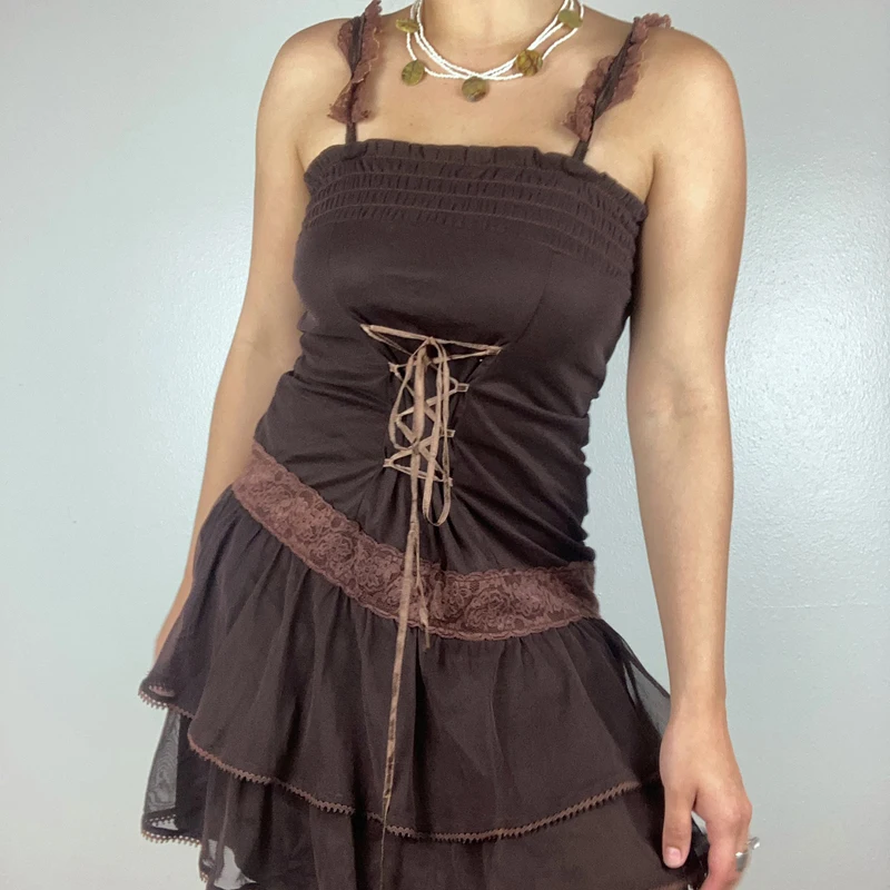 

y2k Grunge Fairycore Vintage Mini Dress Kawaii Brown Lace Up Ruffles Pleated Dress Sexy Women Backless Frill Party Night Clothes