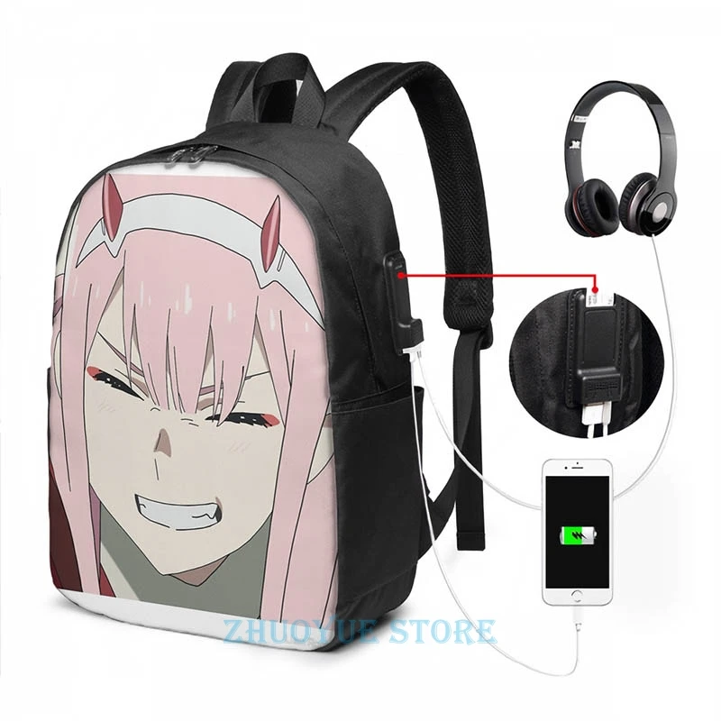 Забавный школьный рюкзак для мужчин и женщин с графическим принтом Zero Two Smile USB