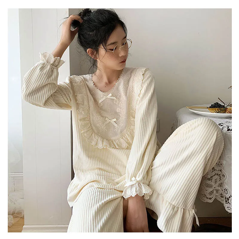 Зима 2019 Женский утепленный Пижамный костюм Женская фланелевая Коралловая